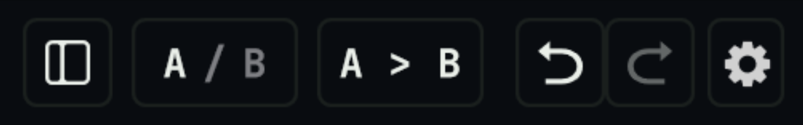 A / B, Undo / Redo, and Settings controls